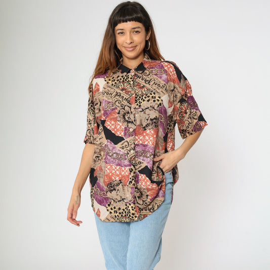 90s Caliche Mixed Print Button Up Blouse Floral Leopard Chain Coral Taupe Large L