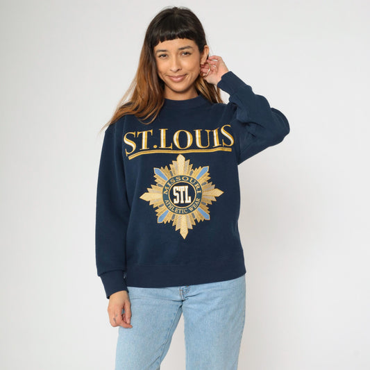 90s St. Louis Missouri Navy Crewneck Sweatshirt Gold Graphic Medium