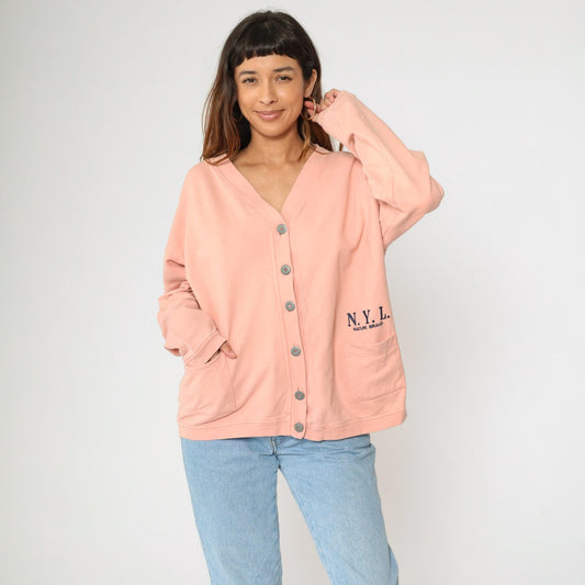 90s Peach Cardigan Sweatshirt N.Y.I. Nature Brand Button Up Cotton Large L
