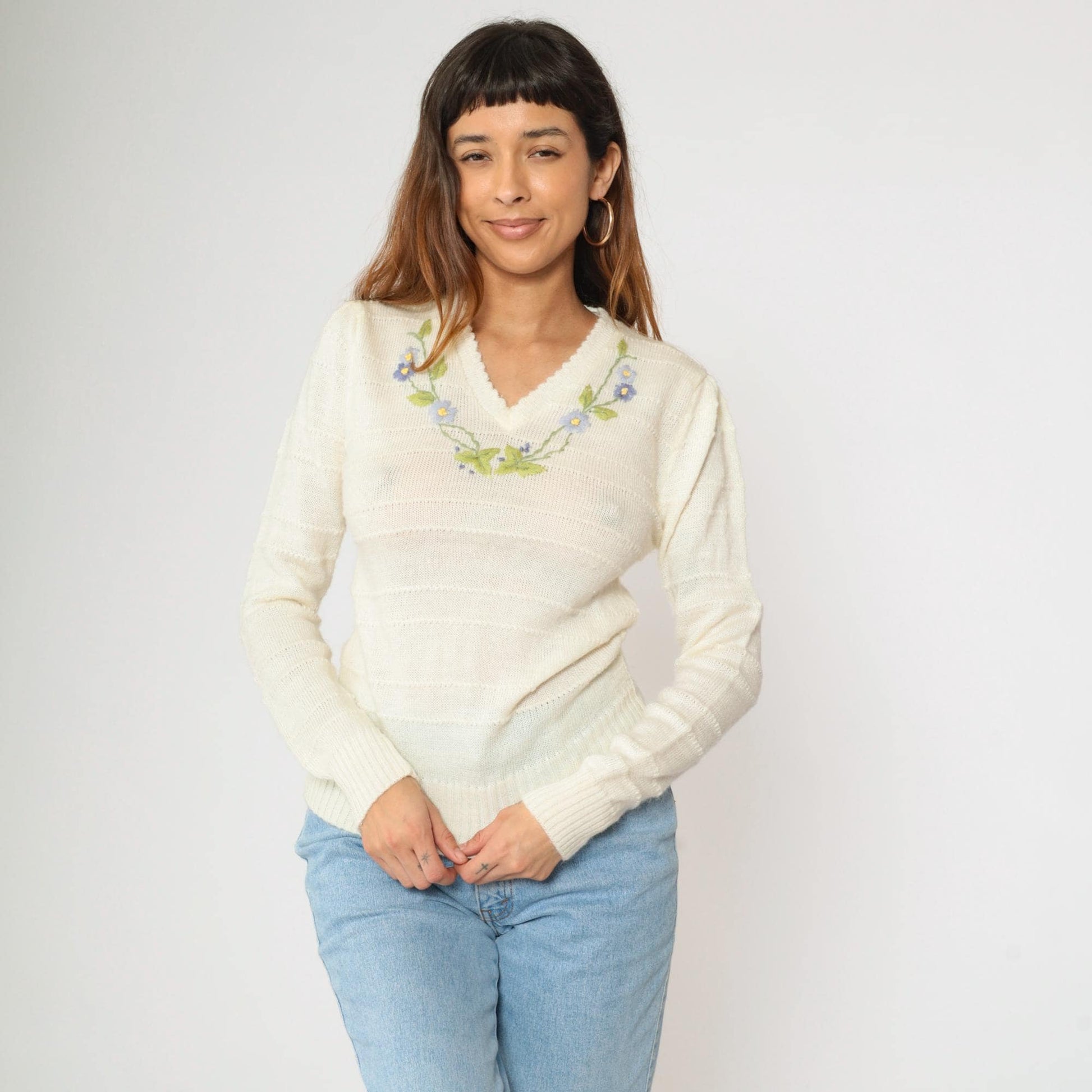 70s-80s Embroidered Floral Puff Sleeve Sweater Cream V-Neck Small