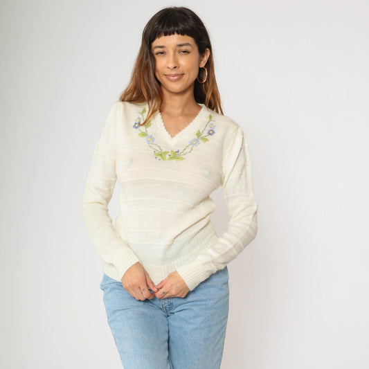 70s-80s Embroidered Floral Puff Sleeve Sweater Cream V-Neck Small