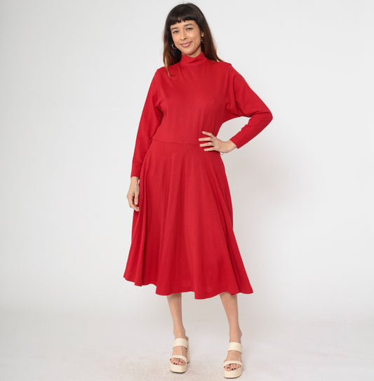 90s Karen Kane Red Wool Midi Dress Mock Neck Long Sleeve Small 4