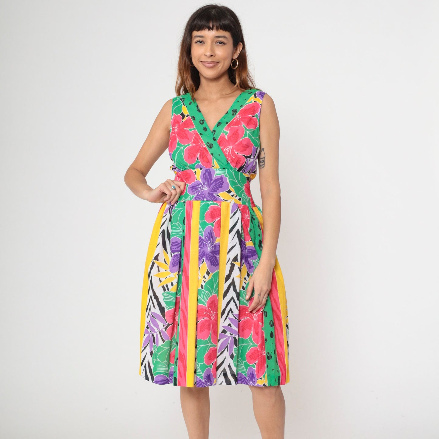 80s Melissa Lane Floral Stripe Midi Dress Smocked Waist V-Neck Small Medium