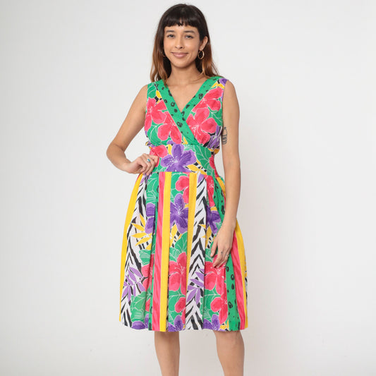 80s Melissa Lane Floral Stripe Midi Dress Smocked Waist V-Neck Small Medium