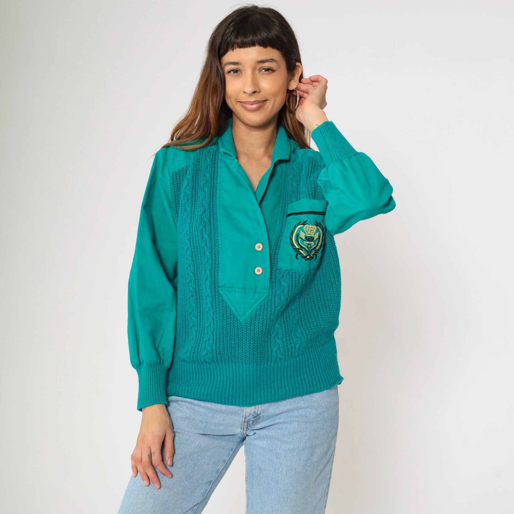 90s Teal Cable Knit Sweater Blouse Chest Pocket Ramie Cotton Medium