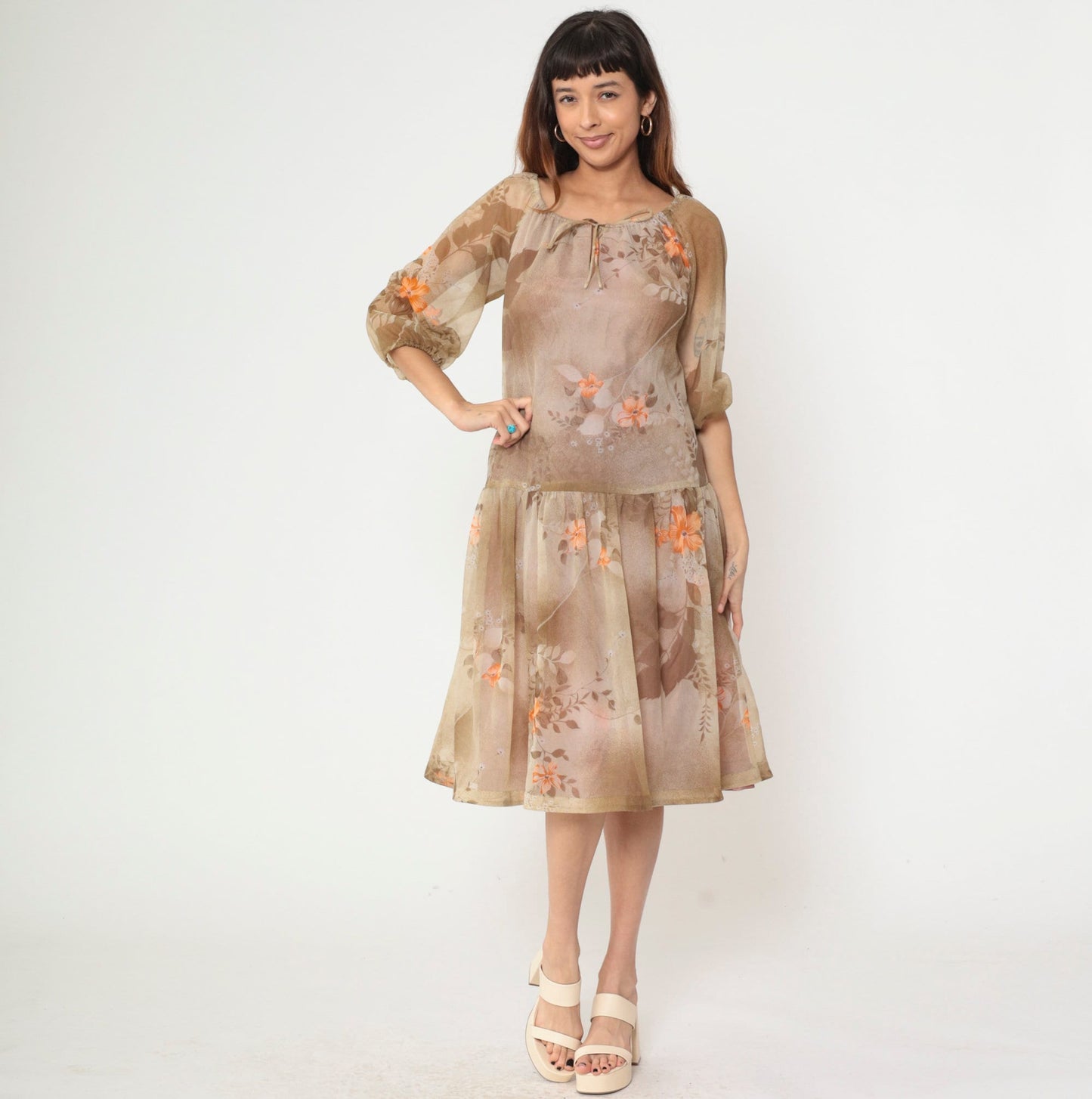 70s Brown Floral Midi Dress Keyhole Bow Neckline Drop Waist Medium