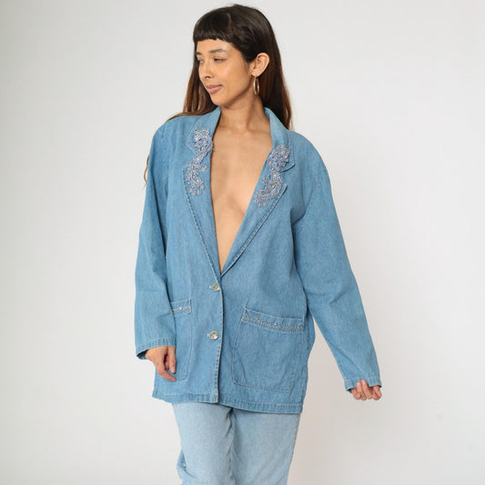 90s Bridge Sportswear Denim Blazer Blue Studded Rhinestone Lace Medium