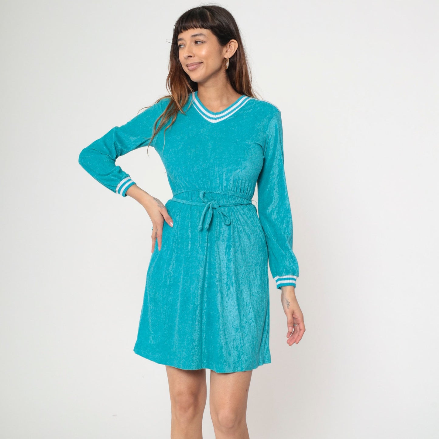70s Turquoise Terry Cloth Mini Dress V-Neck Long Sleeve Elastic Waist Extra Small
