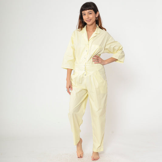 80s Yellow Jumpsuit Snap Button Tapered Leg Basque Waist Chest Pocket Medium