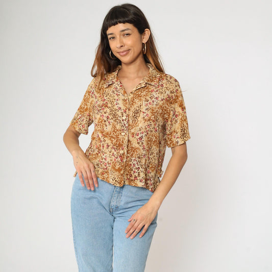 90s Kathie Lee Leopard Floral Button Up Blouse Tan Brown Short Sleeve Medium