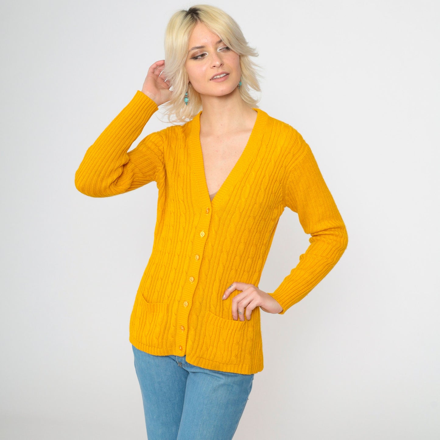 70s Tangerine Cable Knit Cardigan V Neck Button Up Orange Small