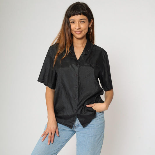 90s Black Polyester Button-Up Blouse Chest Pocket Short Sleeve Large L