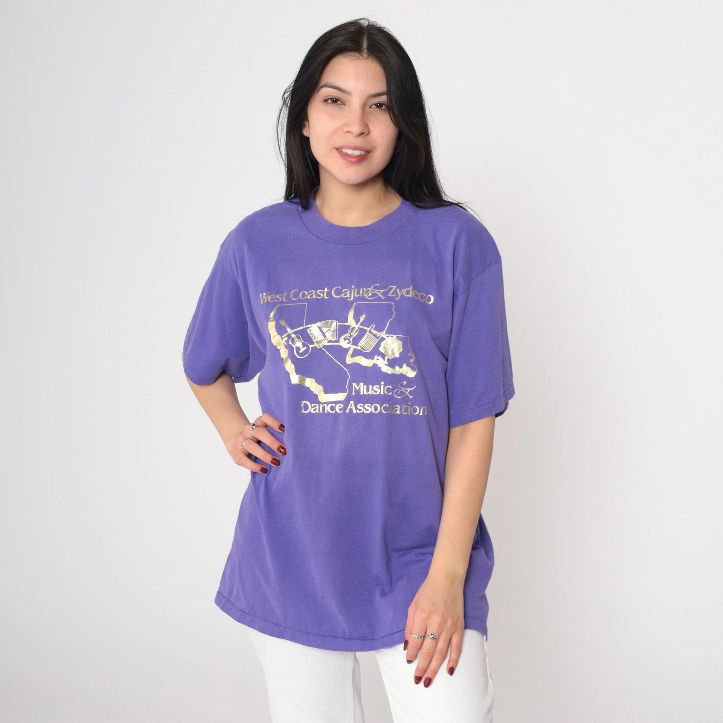 90s West Coast Cajun Zydeco Music Graphic T-Shirt Purple Metallic Large