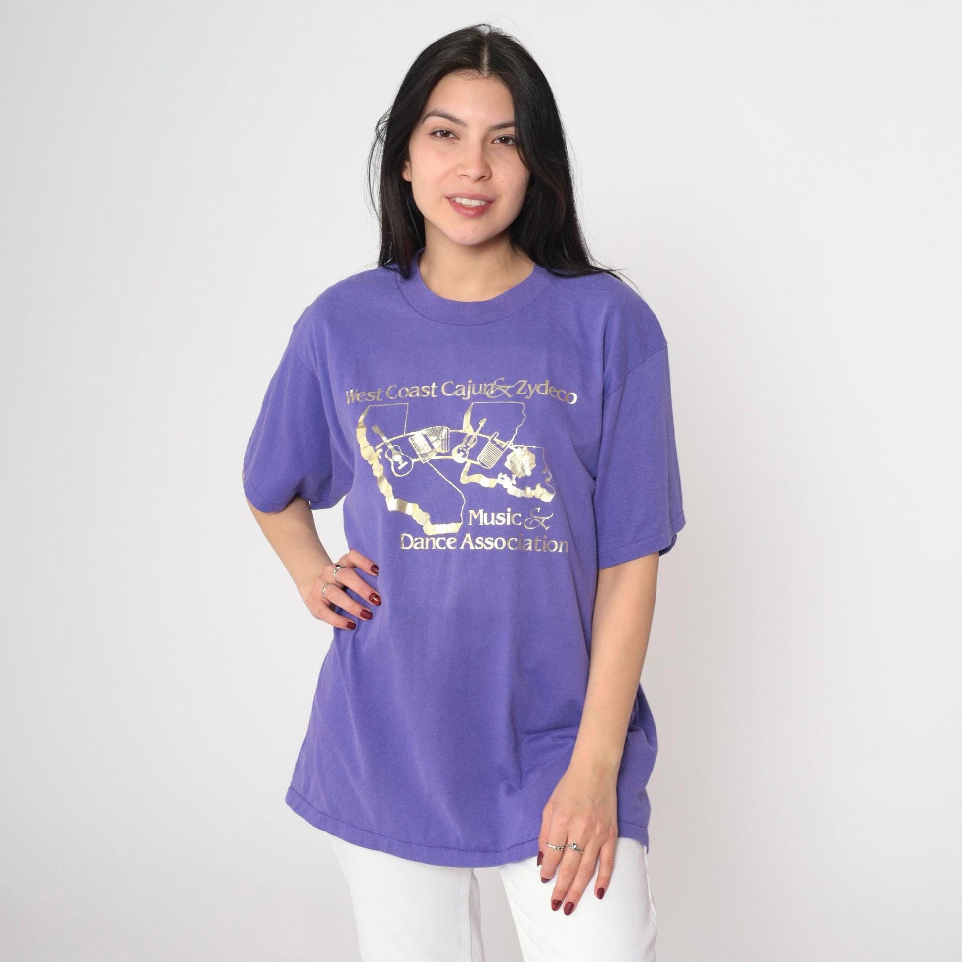 90s West Coast Cajun Zydeco Music Graphic T-Shirt Purple Metallic Large