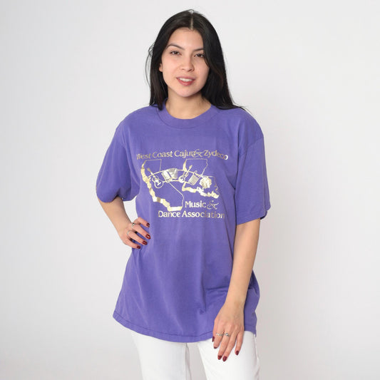 90s West Coast Cajun Zydeco Music Graphic T-Shirt Purple Metallic Large