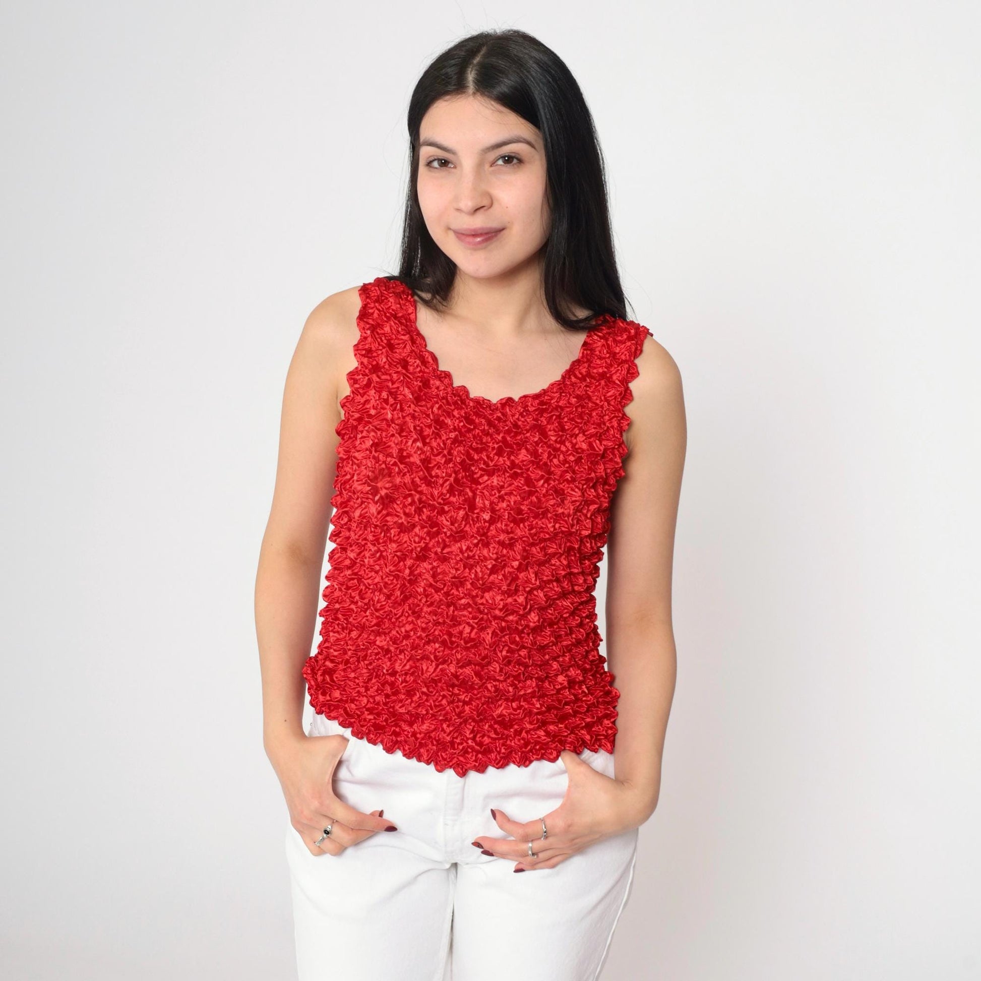 Y2K Red Popcorn Texture Tank Top Stretchy Sleeveless Blouse Small Medium Large