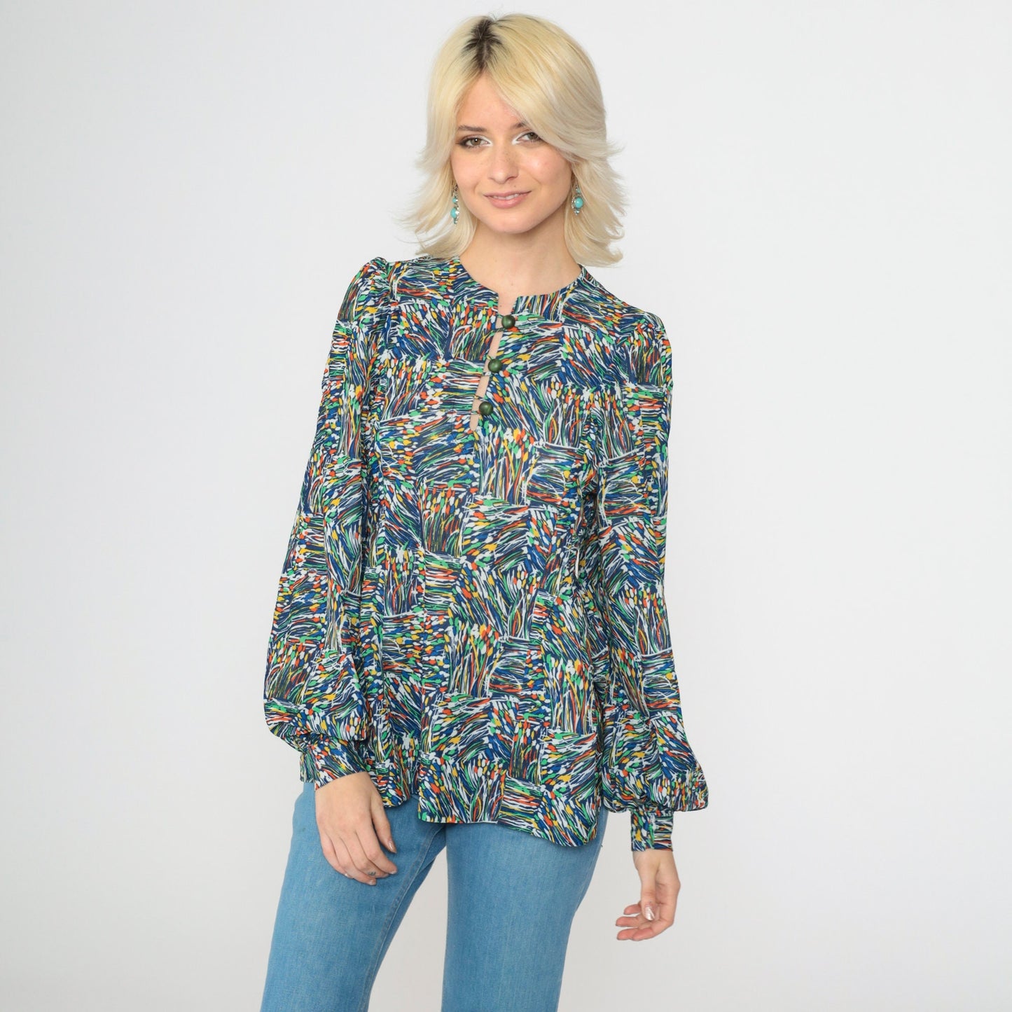 70s Blue Abstract Floral Puff Sleeve Button Up Blouse Small