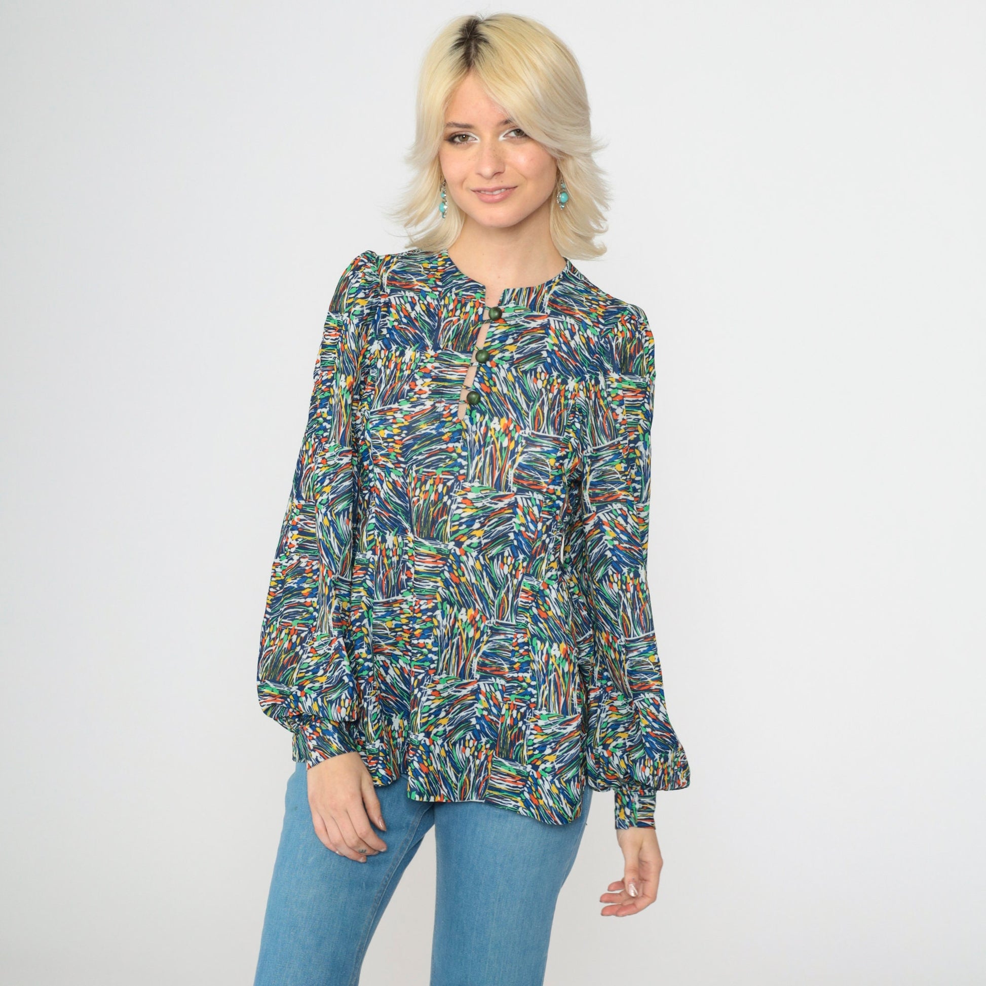 70s Blue Abstract Floral Puff Sleeve Button Up Blouse Small