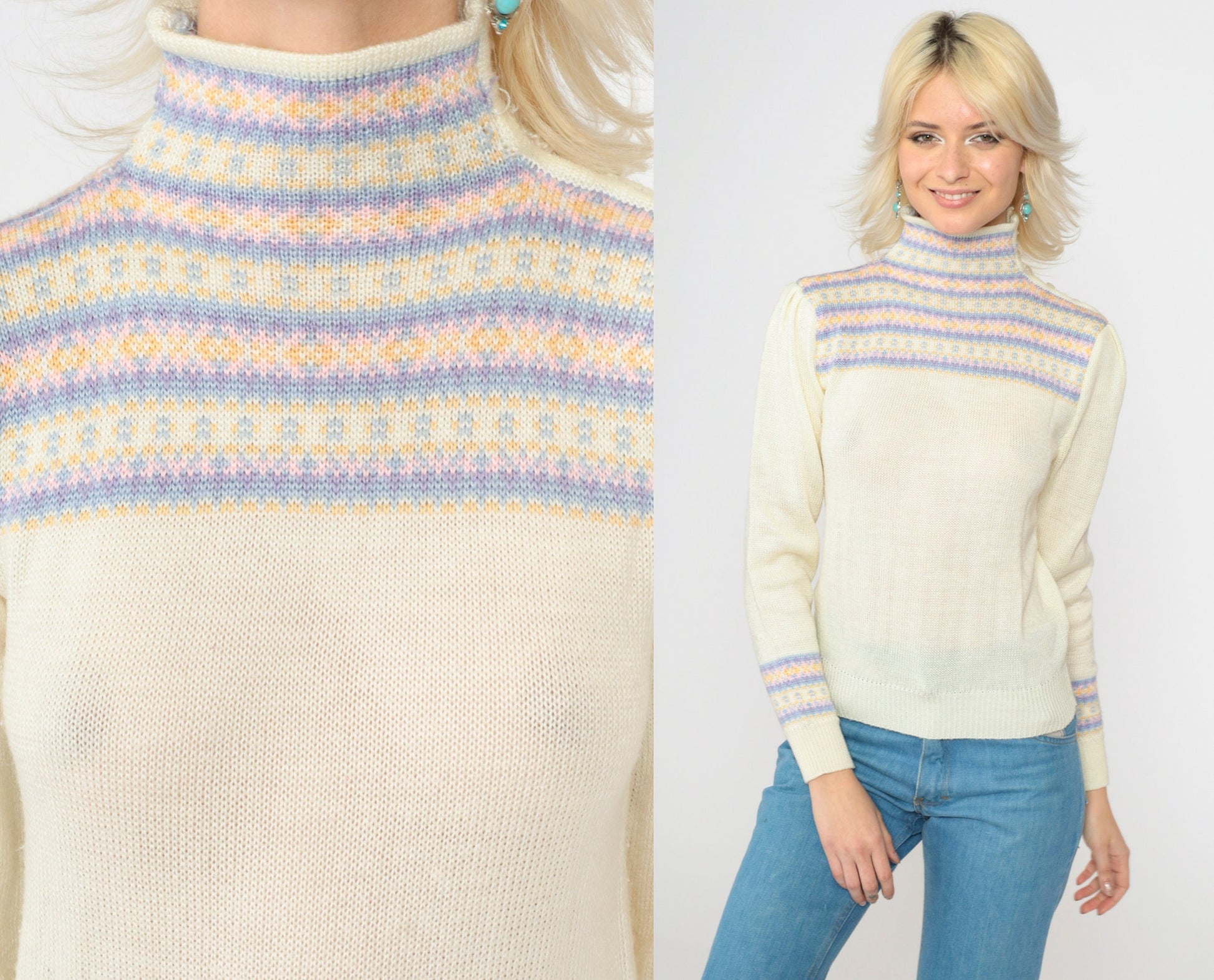 80s Fair Isle Sweater Ivory Puff Sleeve High Neck Knit Pullover Extra Small