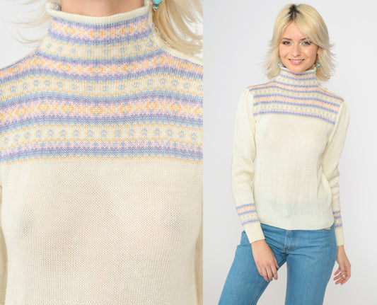 80s Fair Isle Sweater Ivory Puff Sleeve High Neck Knit Pullover Extra Small