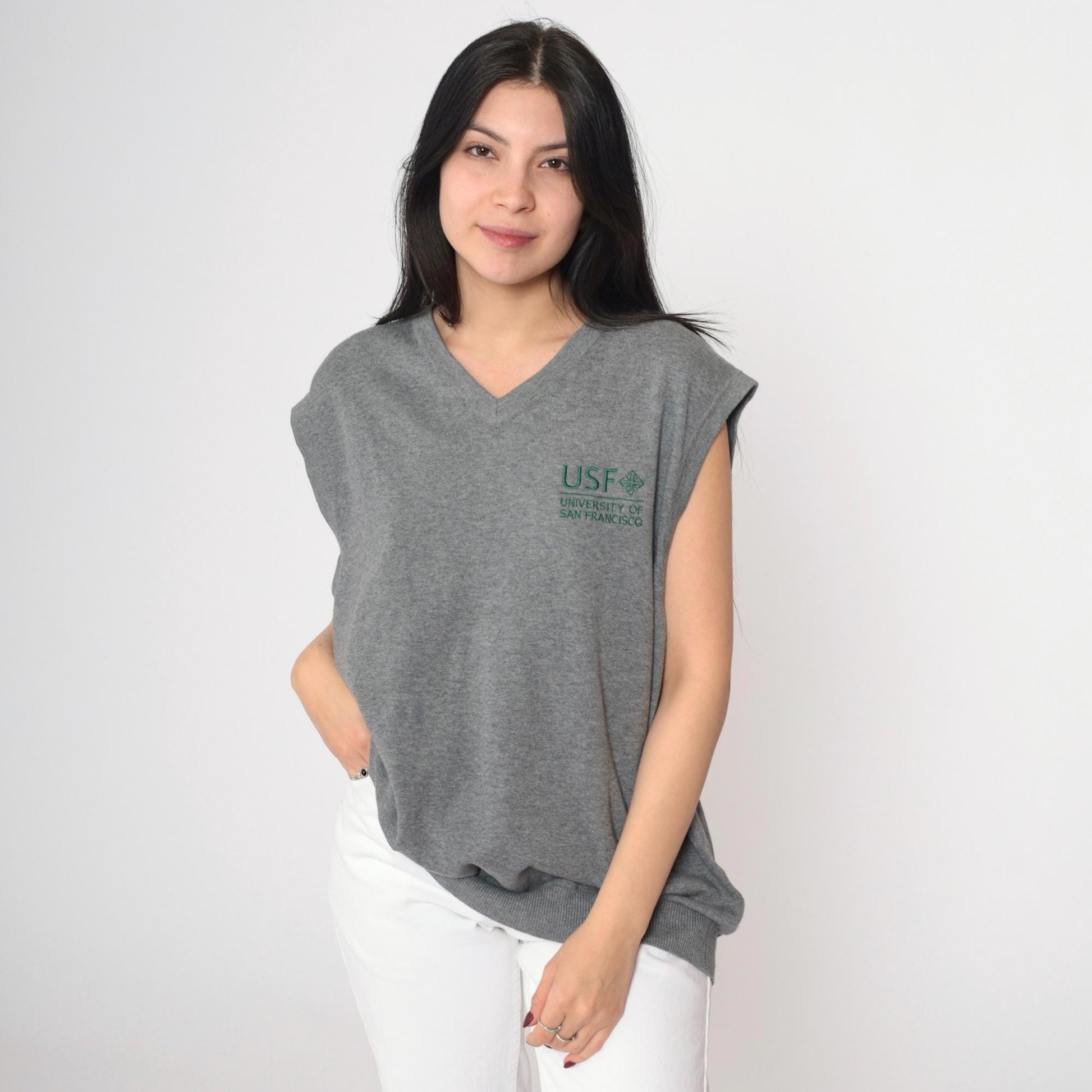 00s USF University of San Francisco Grey Knit Vest Pullover Large L