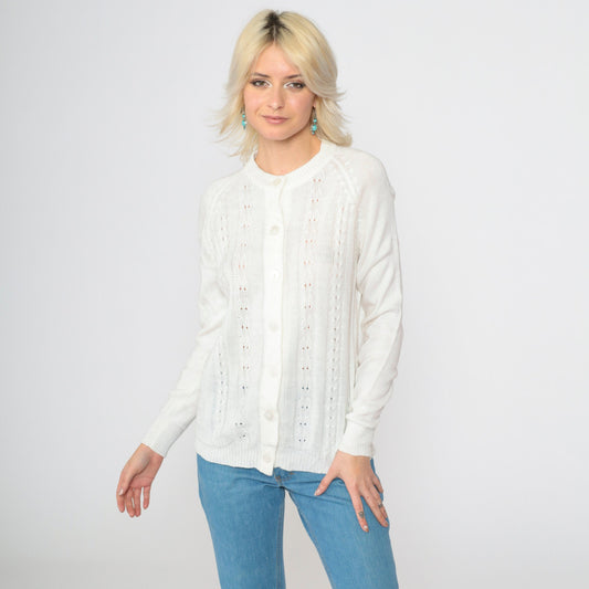 70s White Pointelle Cardigan Open Weave Knit Button Up Raglan Medium