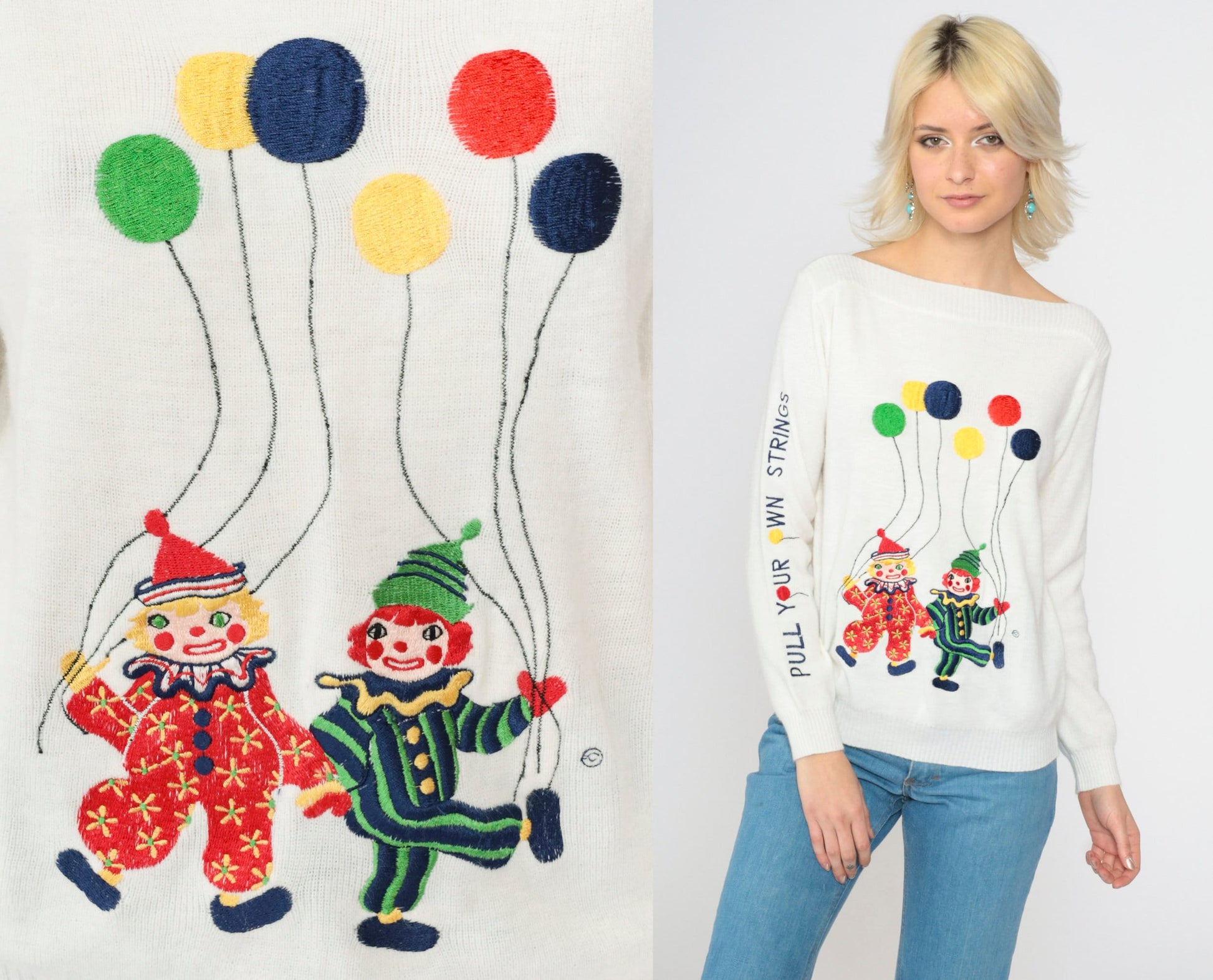 70s Clown Embroidered Sweater White Boatneck Pullover Novelty Small S
