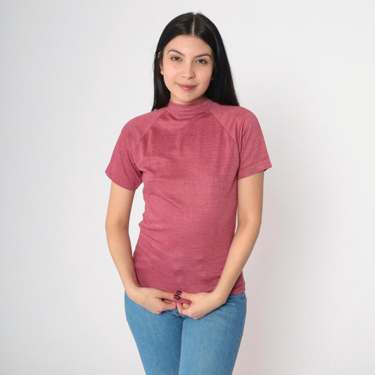 80s Pink Mock Neck Raglan T-Shirt Single Stitch Extra Small XS