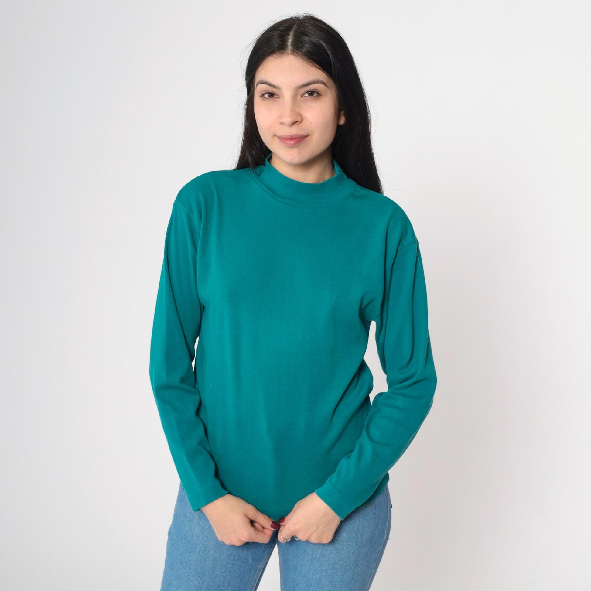 90s Teal Mock Neck Long Sleeve T-Shirt Small S