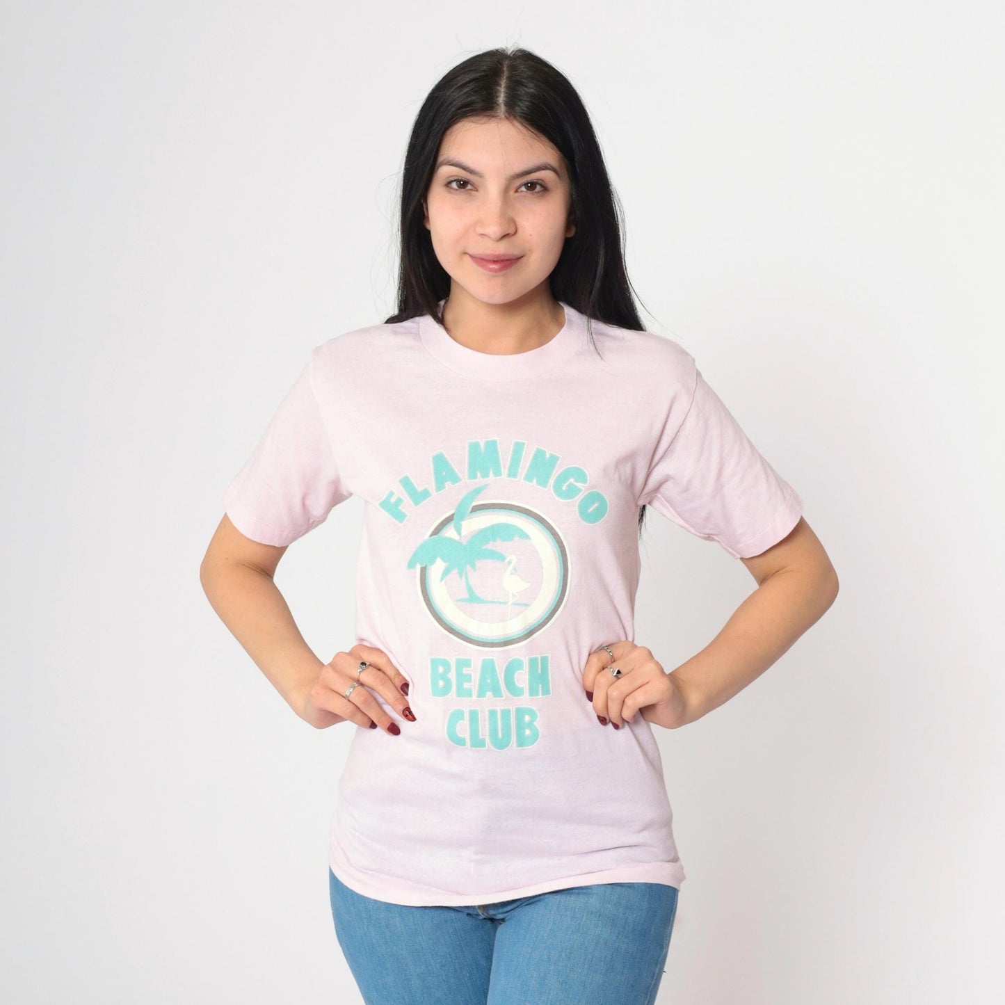 80s Pink Flamingo Beach Club Graphic Tee Single Stitch Crewneck Extra Small