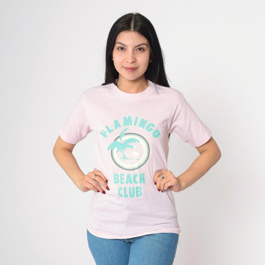 80s Pink Flamingo Beach Club Graphic Tee Single Stitch Crewneck Extra Small