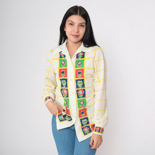 70s Floral Checkered Button-Up Blouse Dagger Collar Long Sleeve White Small
