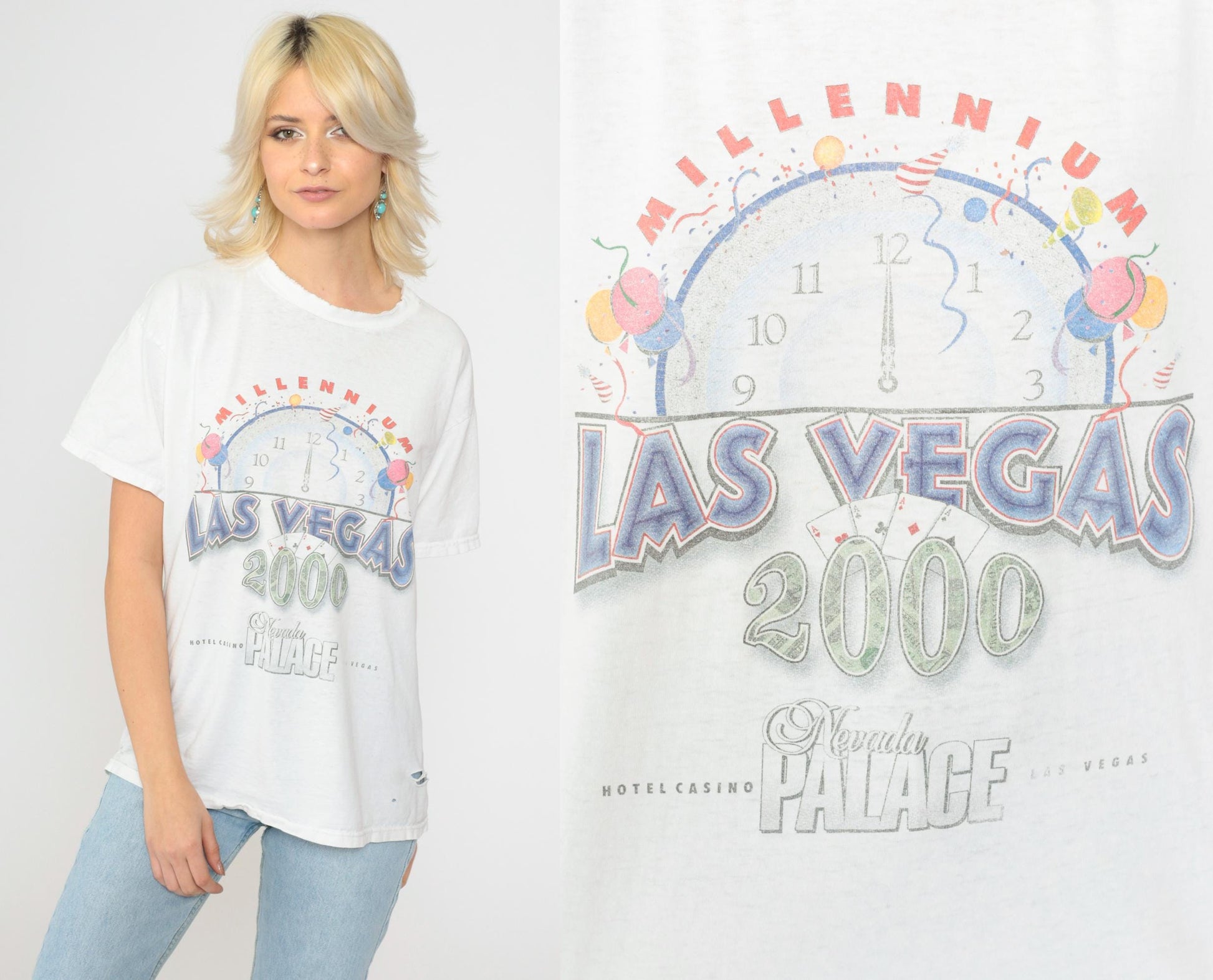 Y2K Las Vegas Nevada Palace Millennium Graphic Tee Distressed Cotton Medium