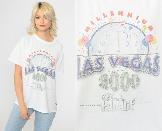 Y2K Las Vegas Nevada Palace Millennium Graphic Tee Distressed Cotton Medium