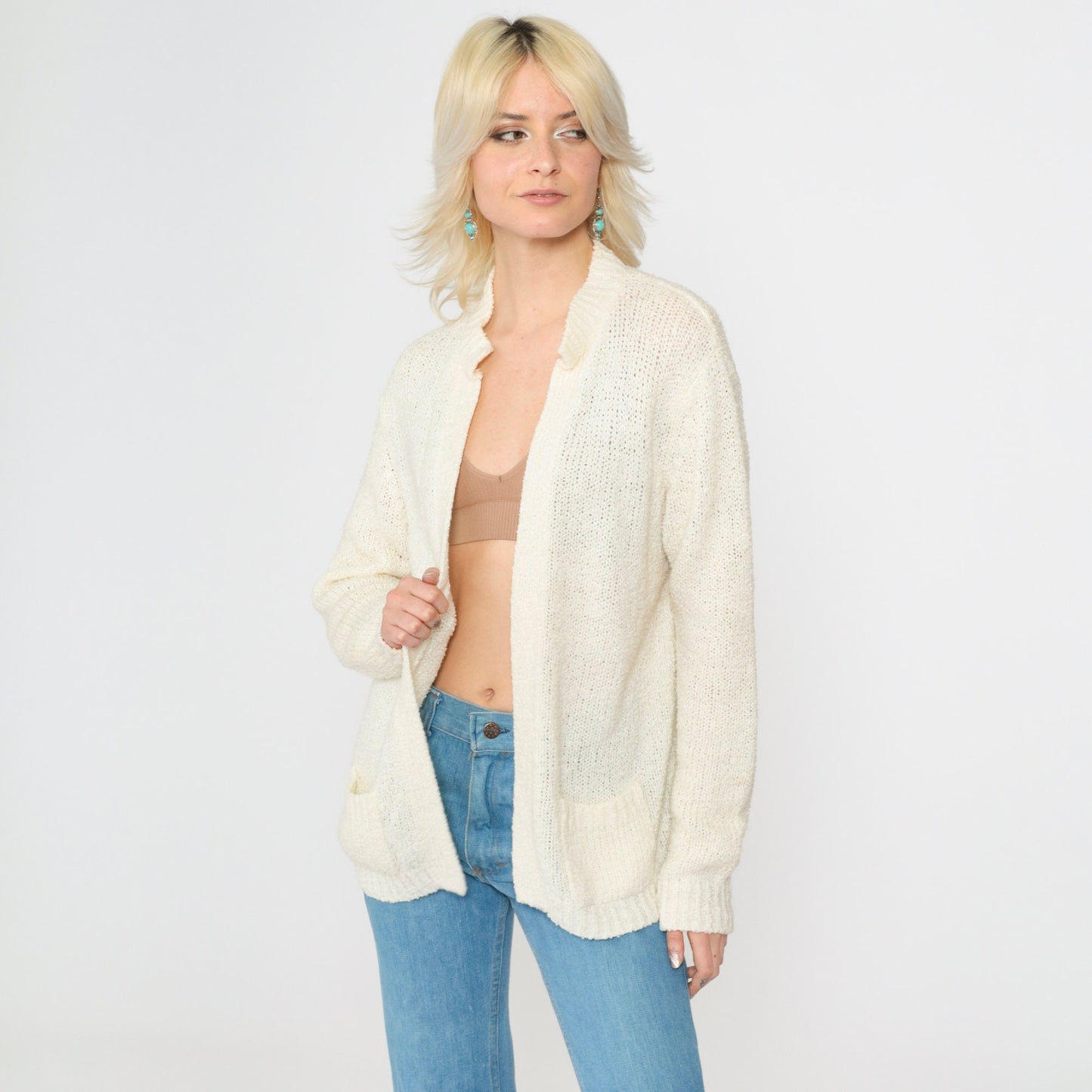 70s Le Roy Knitwear Cream Cardigan Knit Sweater Open Front Pockets Large L