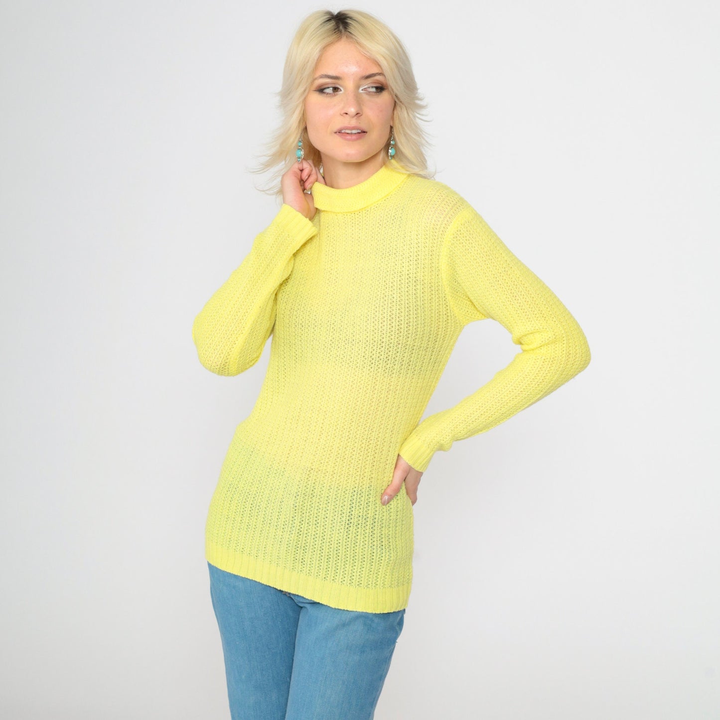 70s Yellow Sheer Turtleneck Sweater Cotton Knit Rear Zip Small