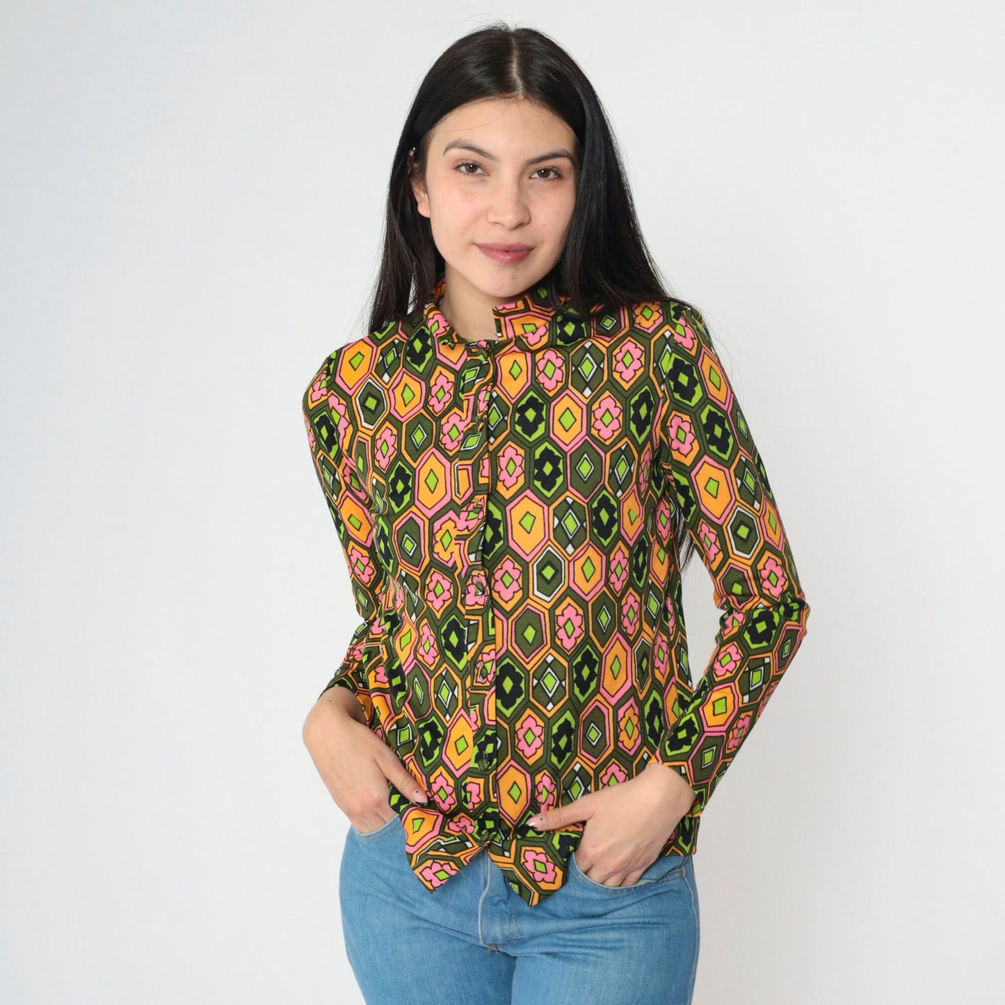 70s Psychedelic Floral Blouse Mandarin Collar Olive Green Pink Orange Small