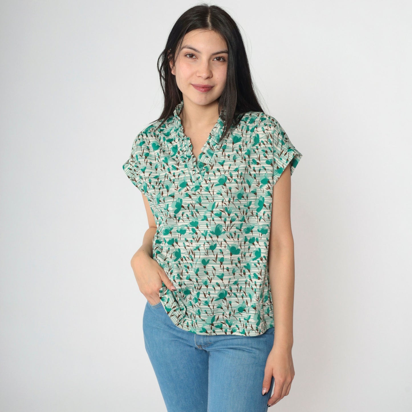 70s Graff Floral Striped Blouse Green Cap Sleeve V Neck Ruffled Small