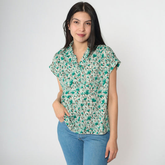 70s Graff Floral Striped Blouse Green Cap Sleeve V Neck Ruffled Small