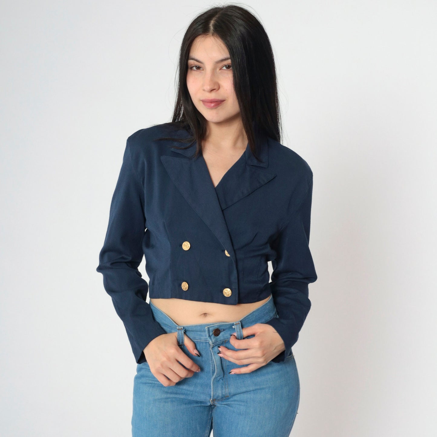 90s Navy Cropped Blazer Double-Breasted Gold Buttons Long Sleeve Small