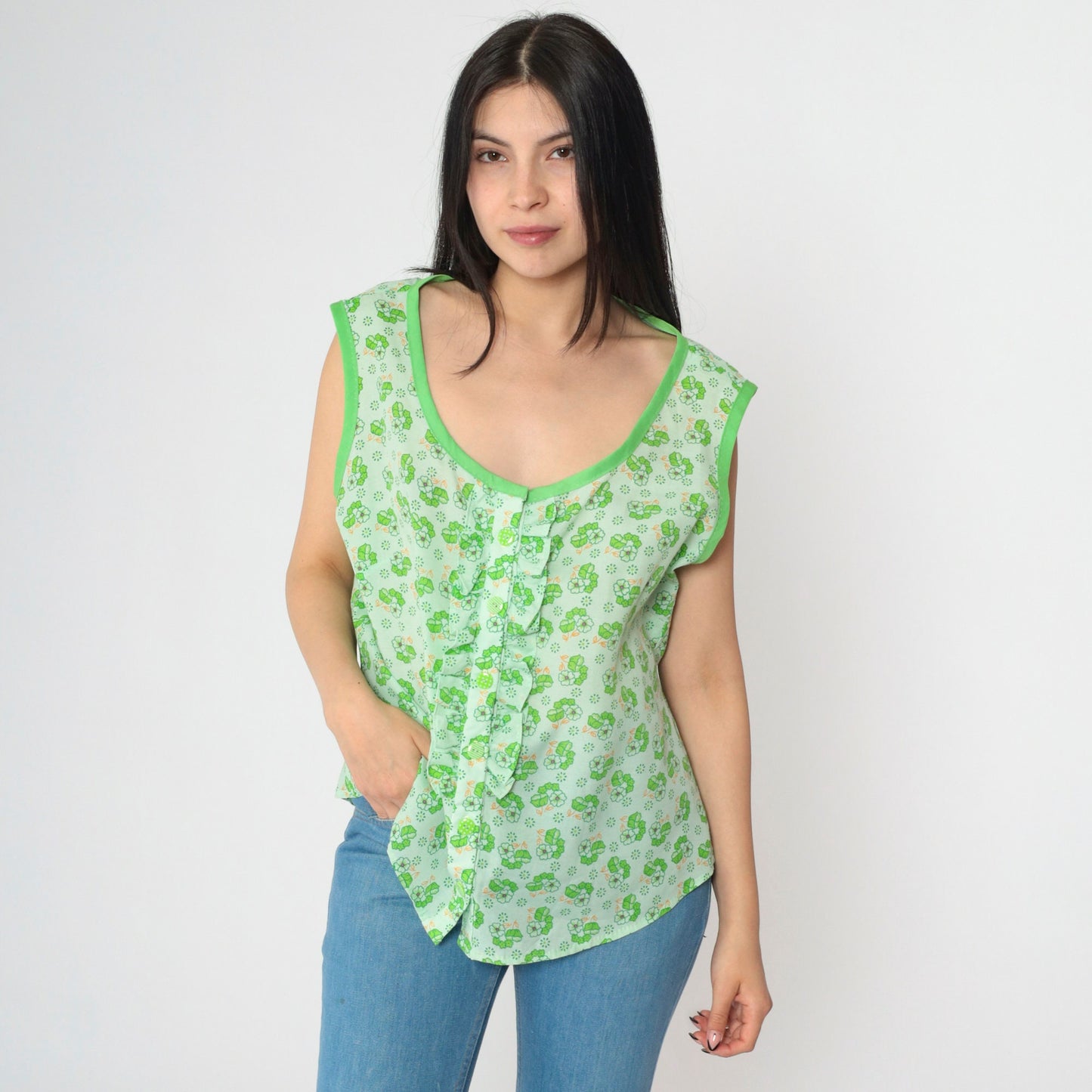 70s Floral Green Tank Top Button-Up Ruffled Sleeveless Blouse Extra Large XL