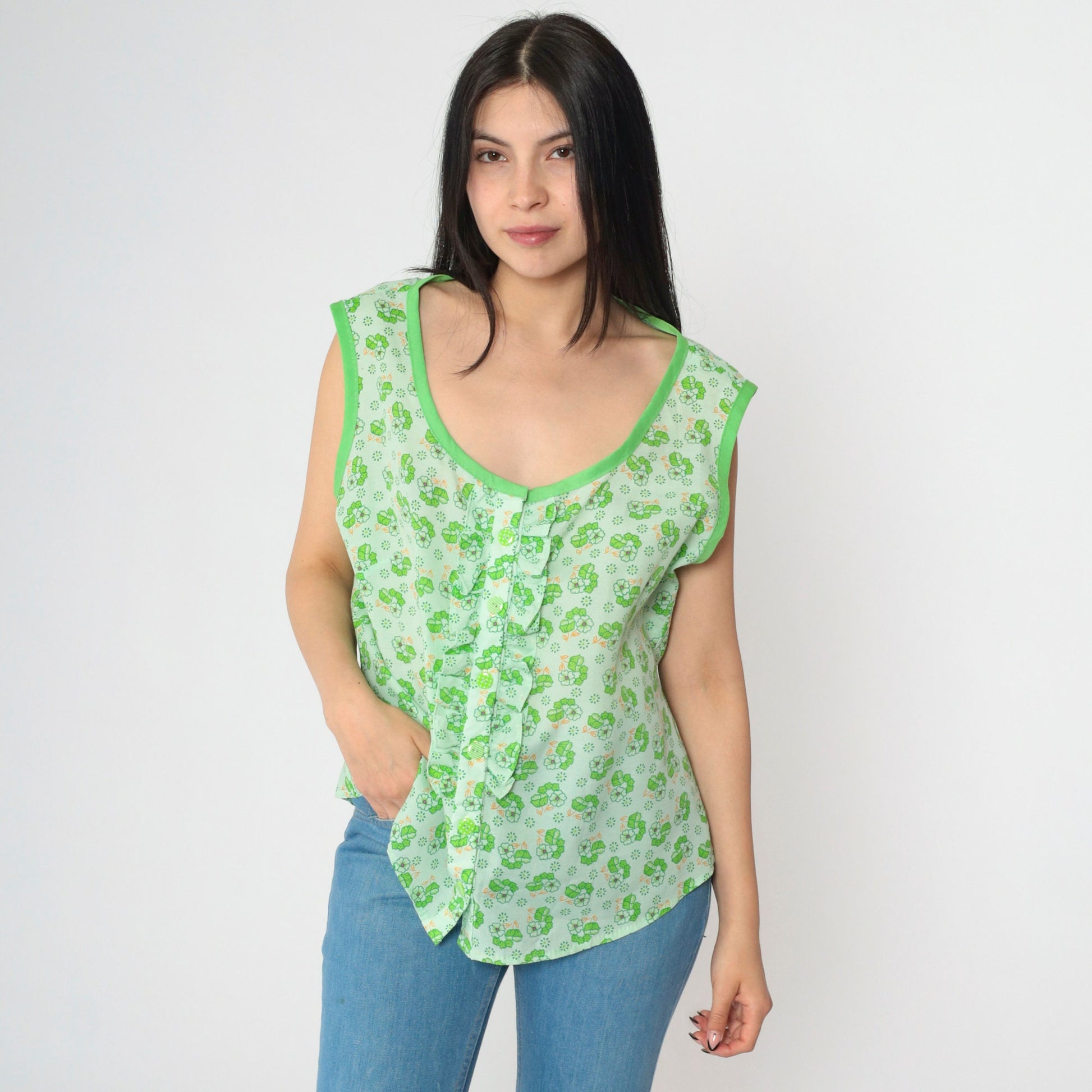 70s Floral Green Tank Top Button-Up Ruffled Sleeveless Blouse Extra Large XL