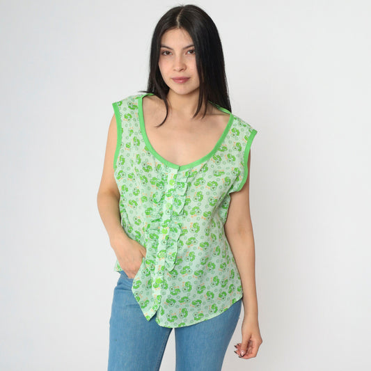 70s Floral Green Tank Top Button-Up Ruffled Sleeveless Blouse Extra Large XL