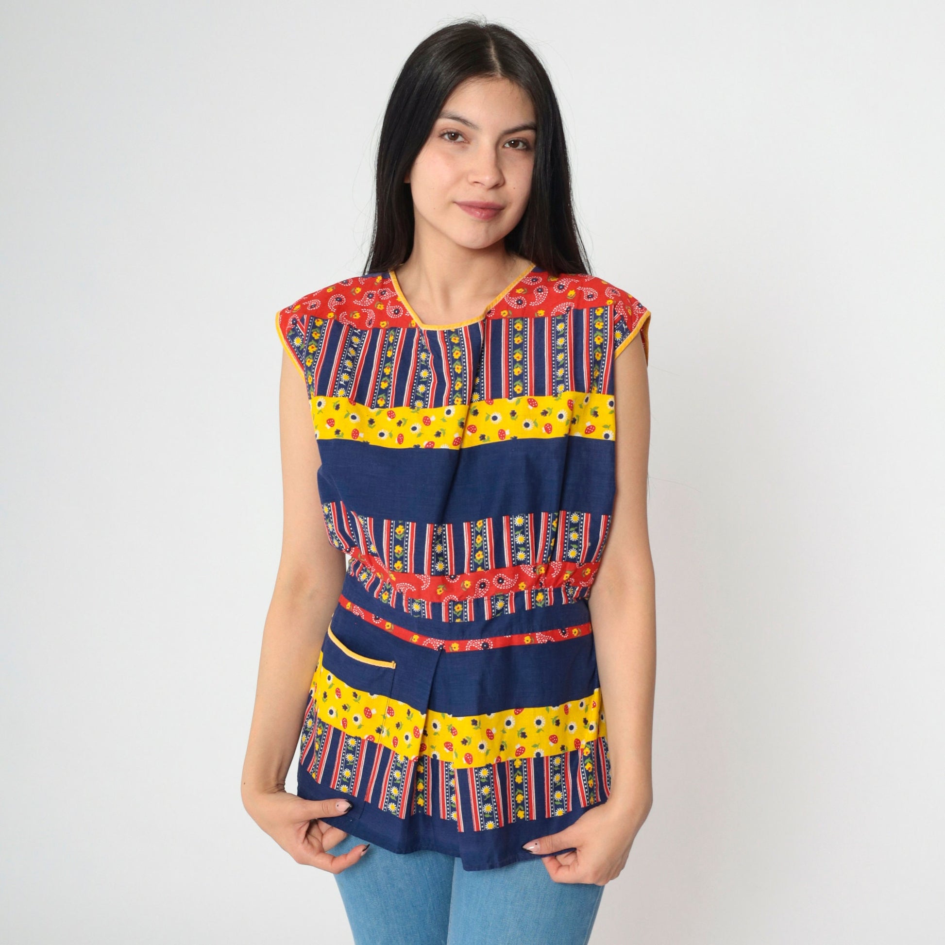 70s Patchwork Sleeveless Tunic Blouse Open Back Belted Yellow Navy Medium
