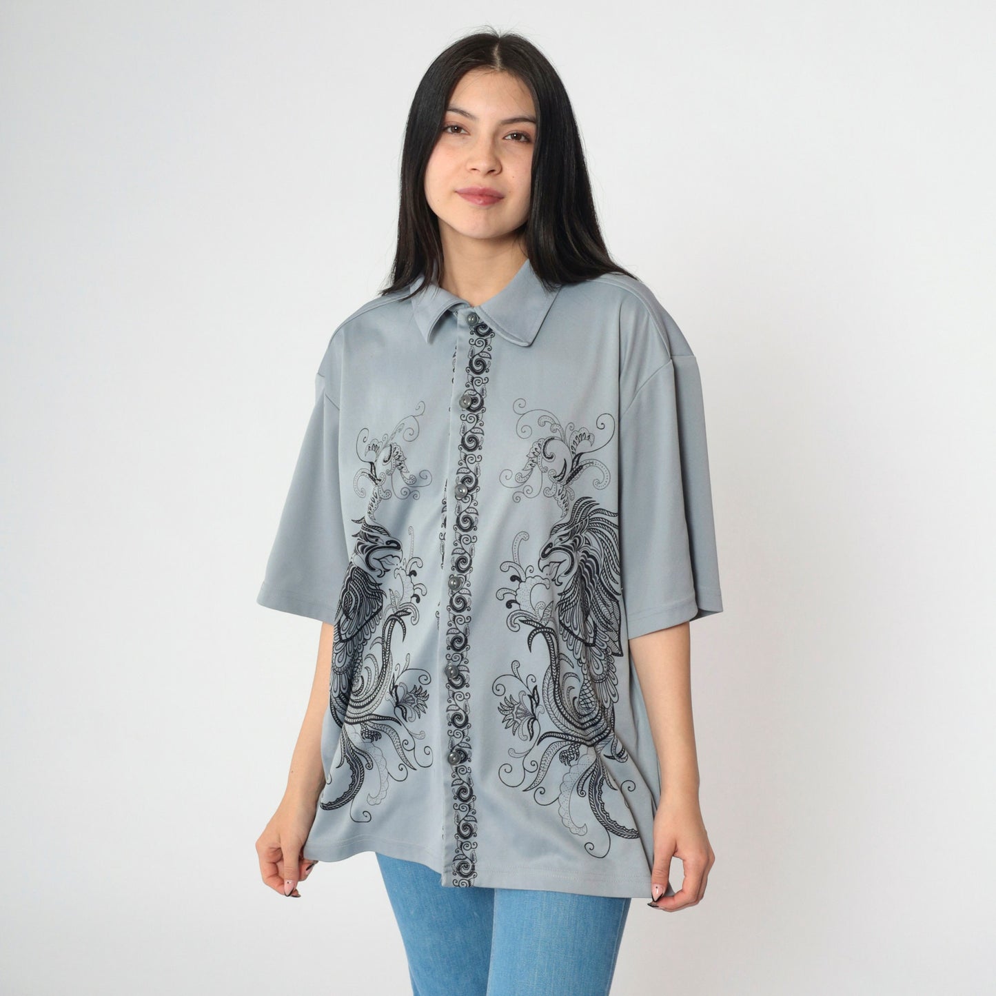 Y2K Dragon Print Button-Up Shirt Grey Short Sleeve Extra Large XXL