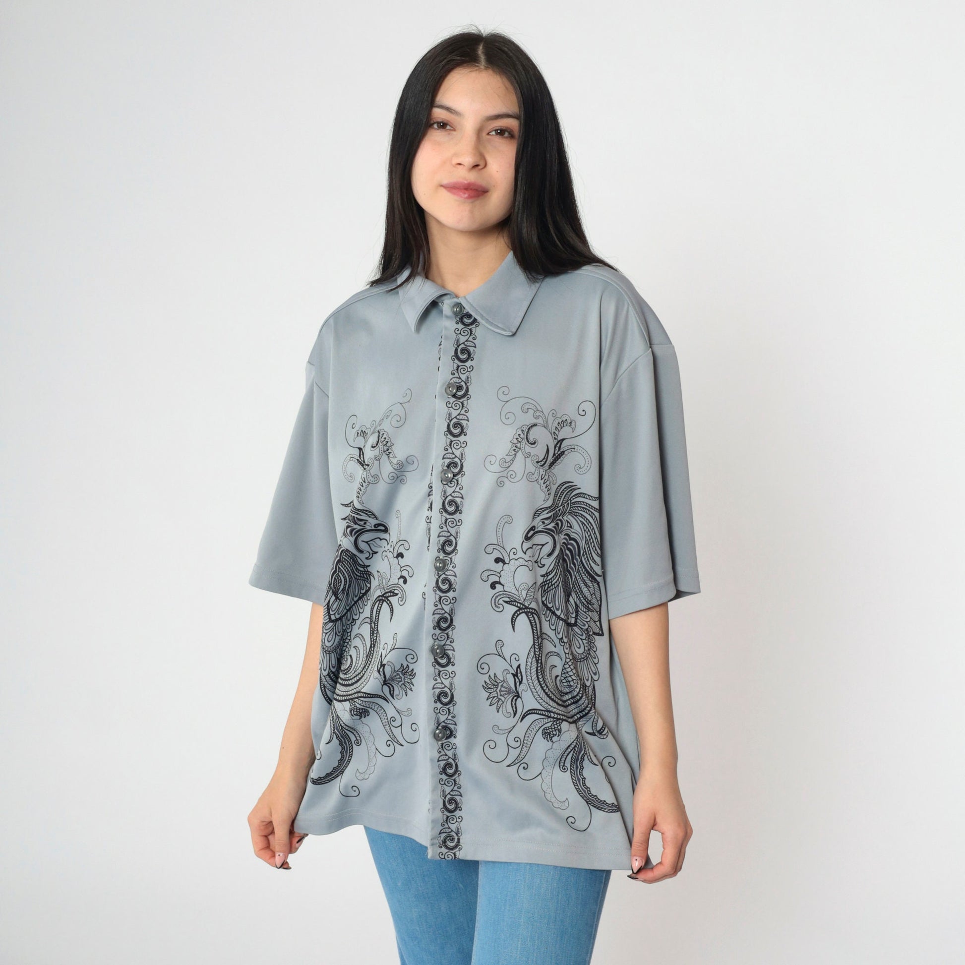 Y2K Dragon Print Button-Up Shirt Grey Short Sleeve Extra Large XXL