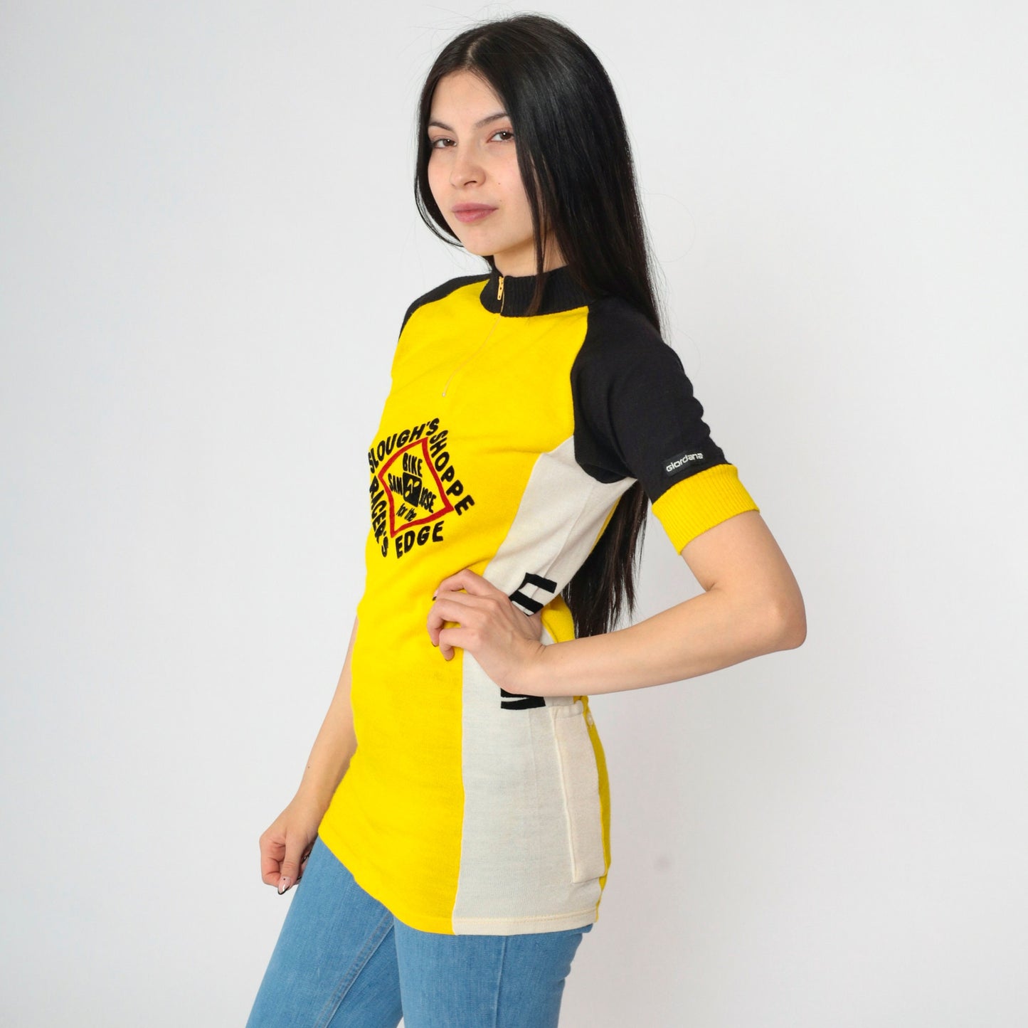 80s Giordana Sport Cycling Jersey Yellow Black Wool Blend Half-Zip Small