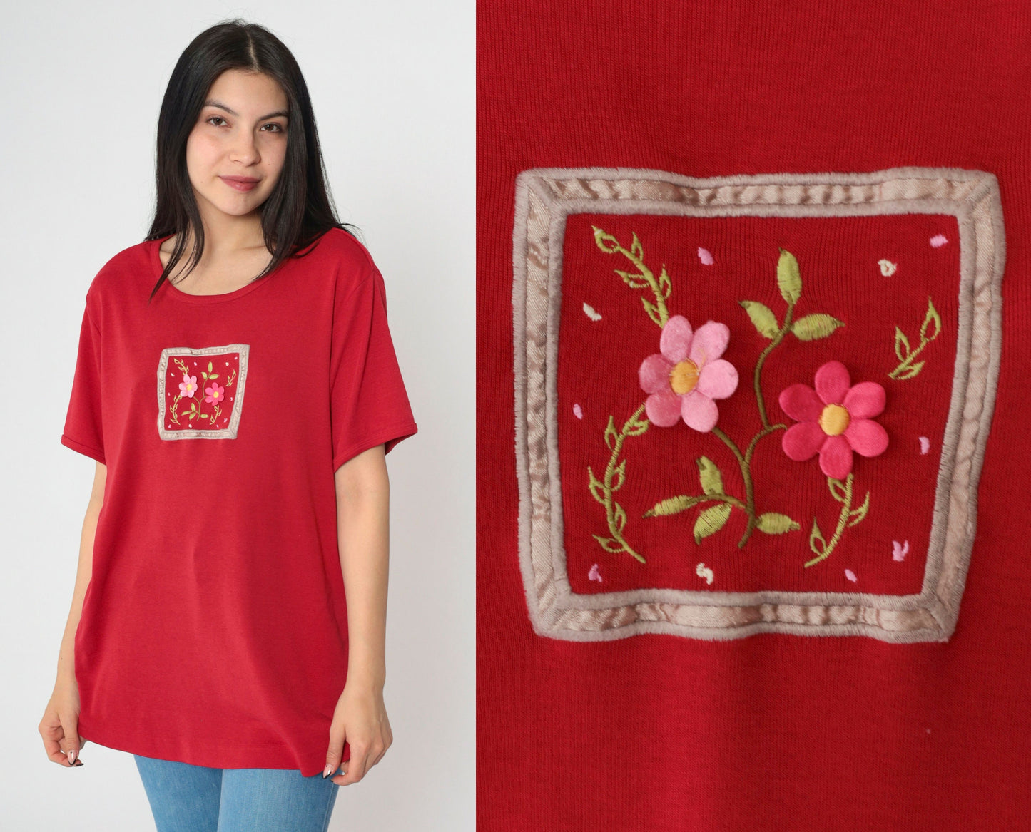 Y2K Floral Embroidered T-Shirt Red Graphic Tee Short Sleeve Extra Large XL
