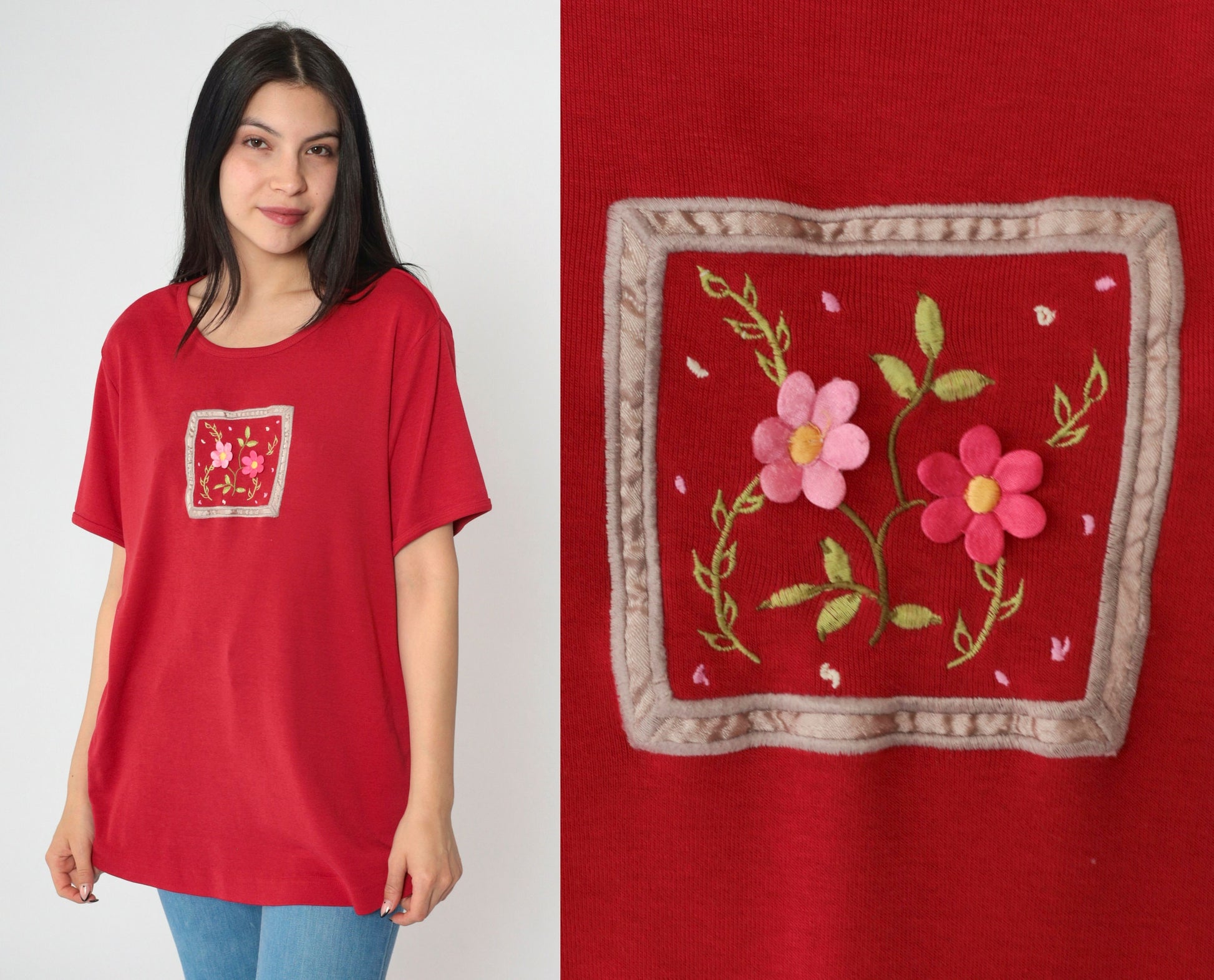Y2K Floral Embroidered T-Shirt Red Graphic Tee Short Sleeve Extra Large XL