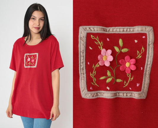 Y2K Floral Embroidered T-Shirt Red Graphic Tee Short Sleeve Extra Large XL